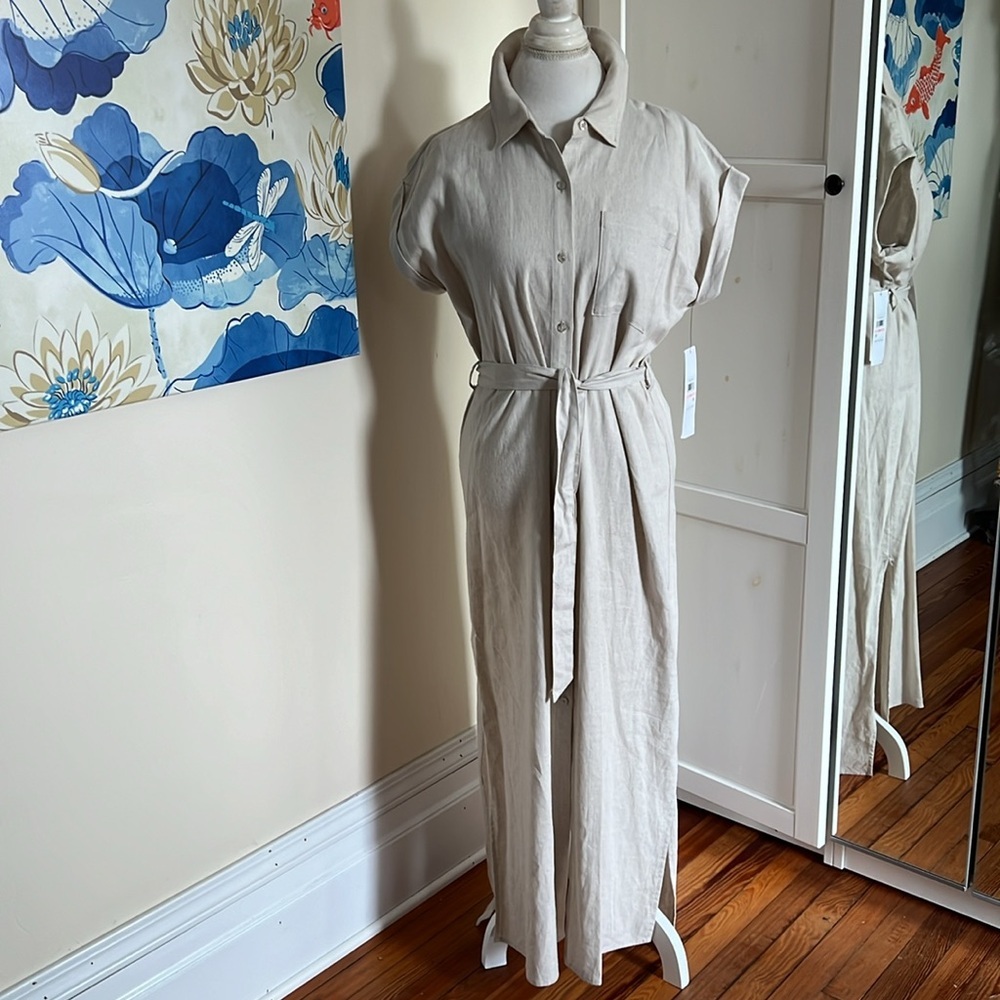 Calvin Klein Linen Blend Maxi Shirtdress in a Natural Canvas Color